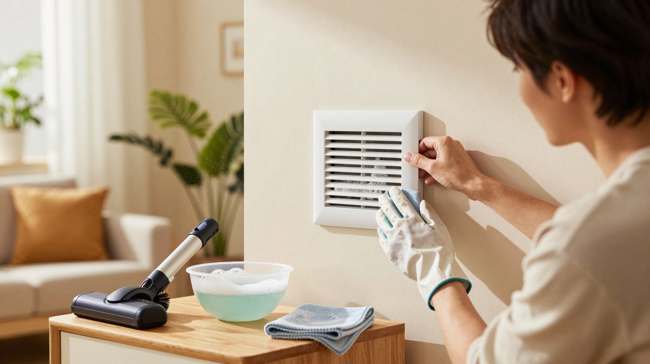 Pessoa com luvas a limpar uma grelha de ventilação numa parede, com produtos de limpeza numa mesa próxima.