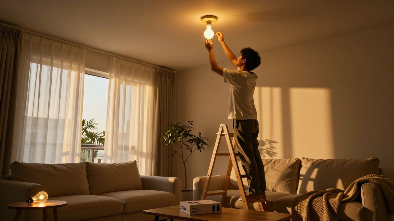 Jovem em escada a trocar uma lâmpada numa sala com dois sofás e luz natural a entrar pela janela.
