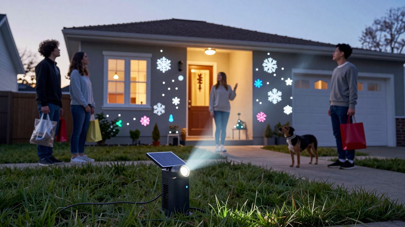 Projetor solar no relvado, luzes natalícias projetadas na parede, quatro pessoas e um cão junto a casa iluminada.