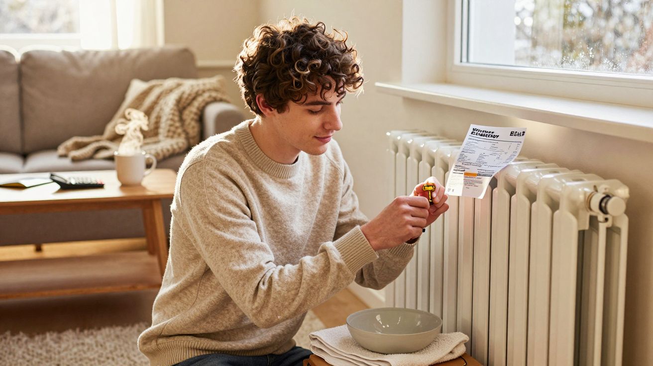 Homem a ajustar o termóstato de um radiador junto a uma fatura de eletricidade num ambiente doméstico.