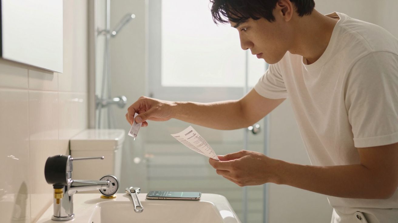 Homem com camisola branca a ler instruções e a abrir tubo de medicamento na casa de banho.