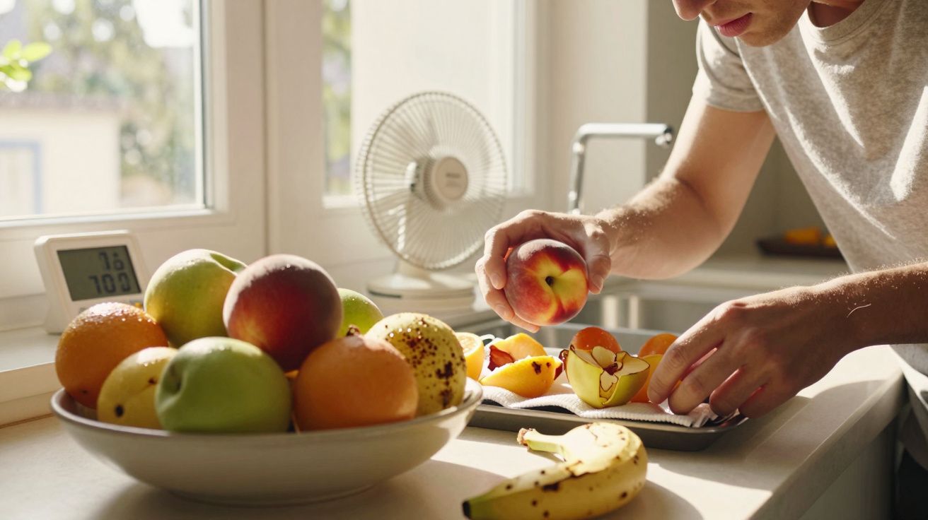 Pessoa a descascar pêssego numa cozinha com frutas variadas numa tigela e termómetro digital na janela.