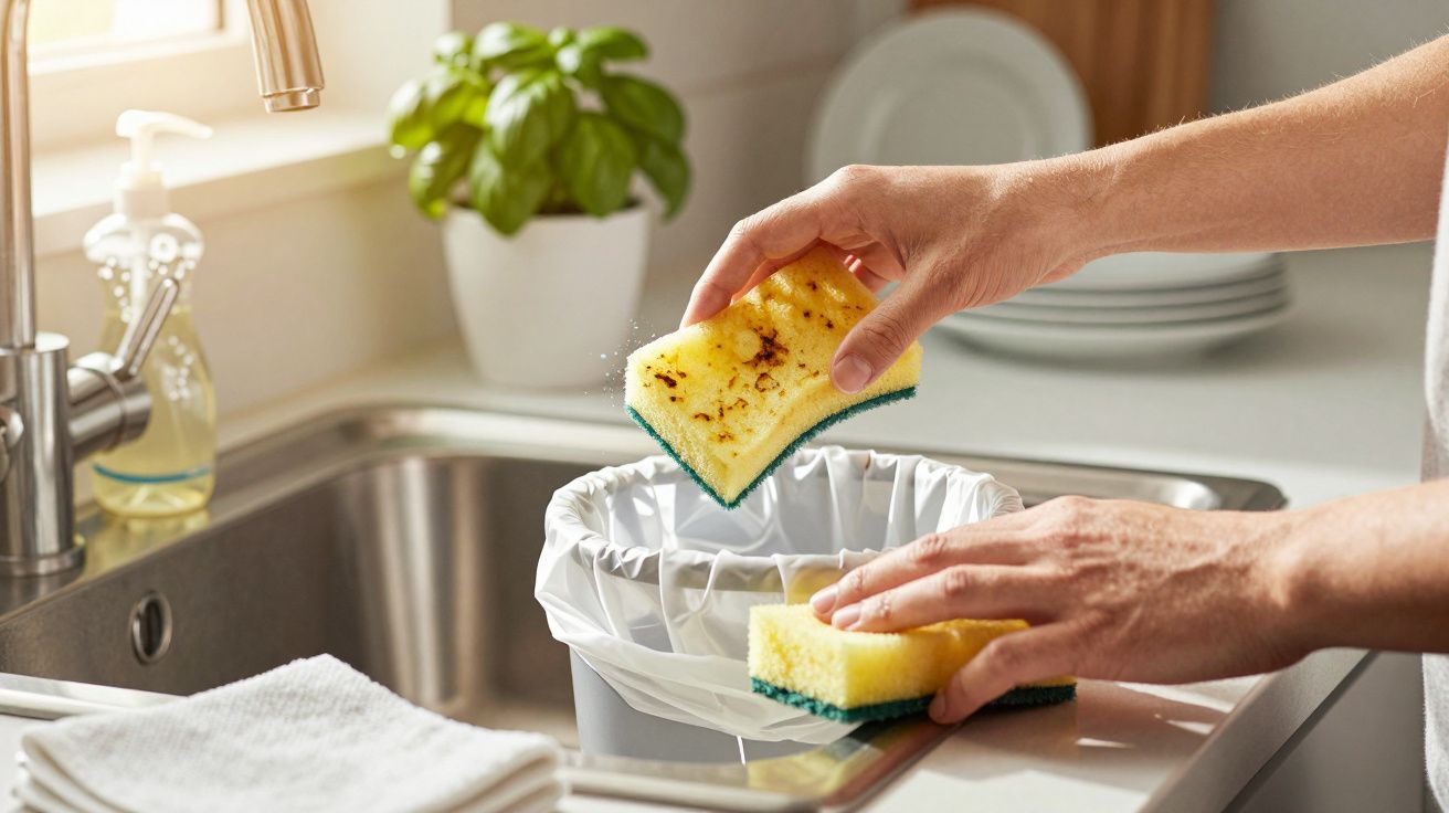 Mãos a limpar uma esponja suja sobre o lava-loiça numa cozinha com plantas e louça ao fundo.