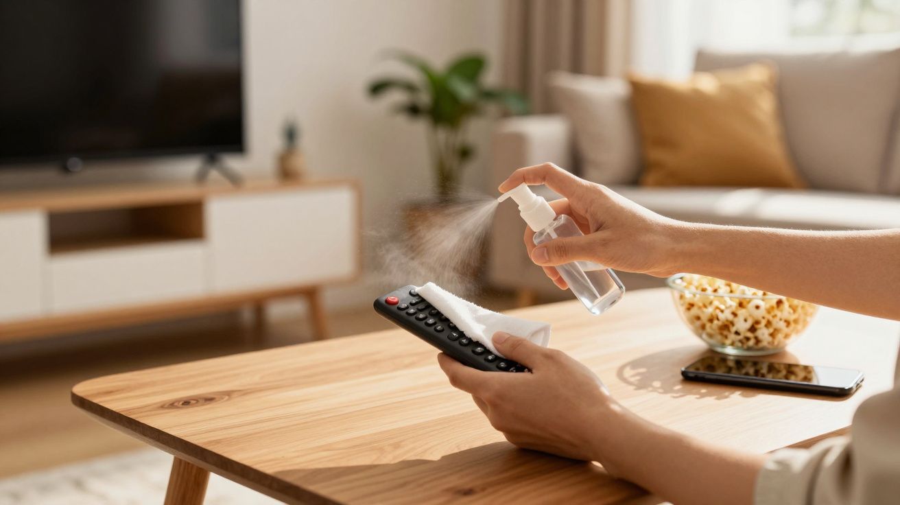 Pessoa a desinfetar comando da TV com spray e pano numa mesa de madeira numa sala de estar.