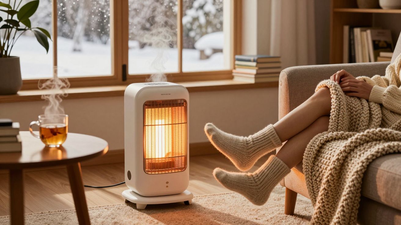 Pessoa sentada no sofá com meias grossas junto a um aquecedor num ambiente acolhedor com chá quente e neve fora.