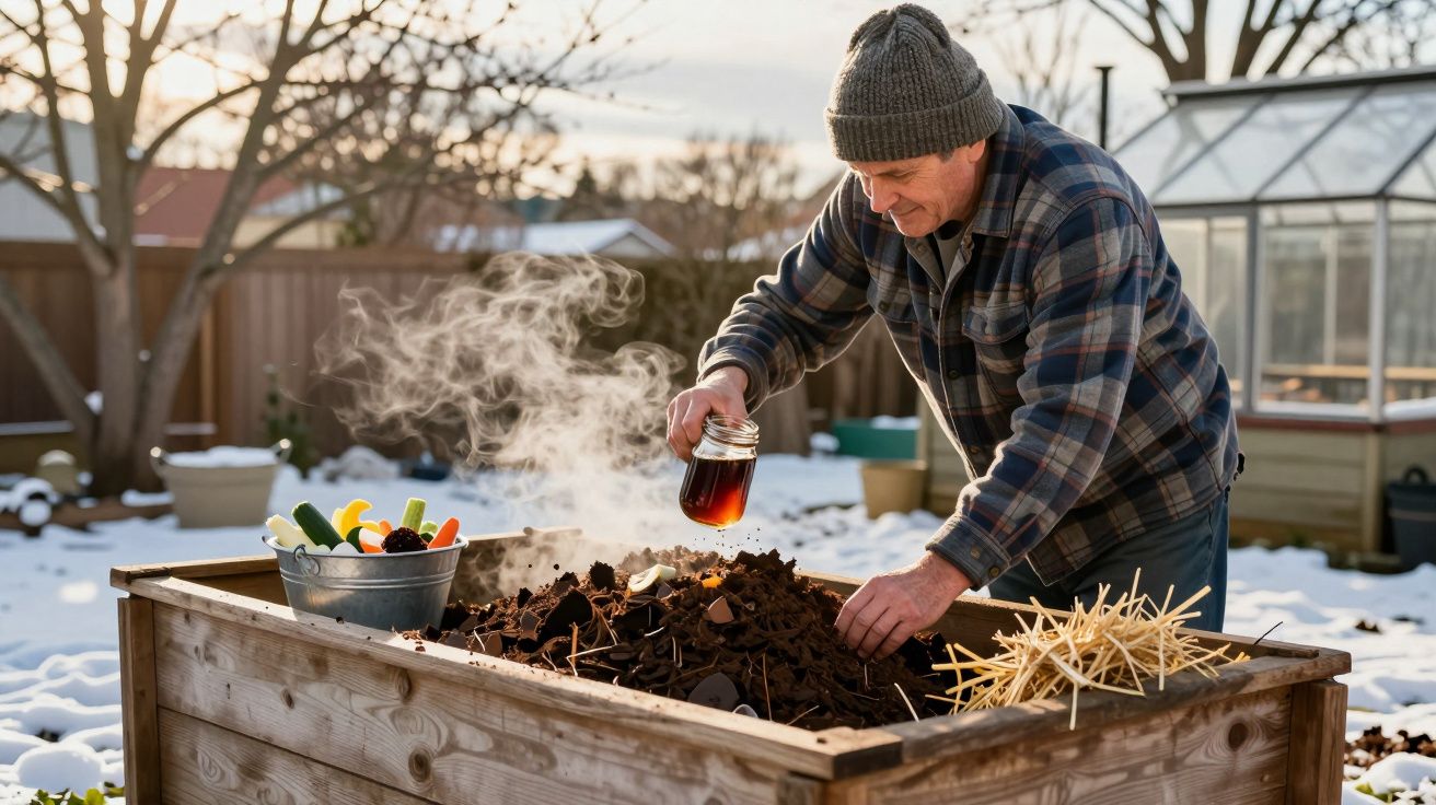 Homem a fertilizar compostagem num canteiro elevado num jardim coberto de neve.