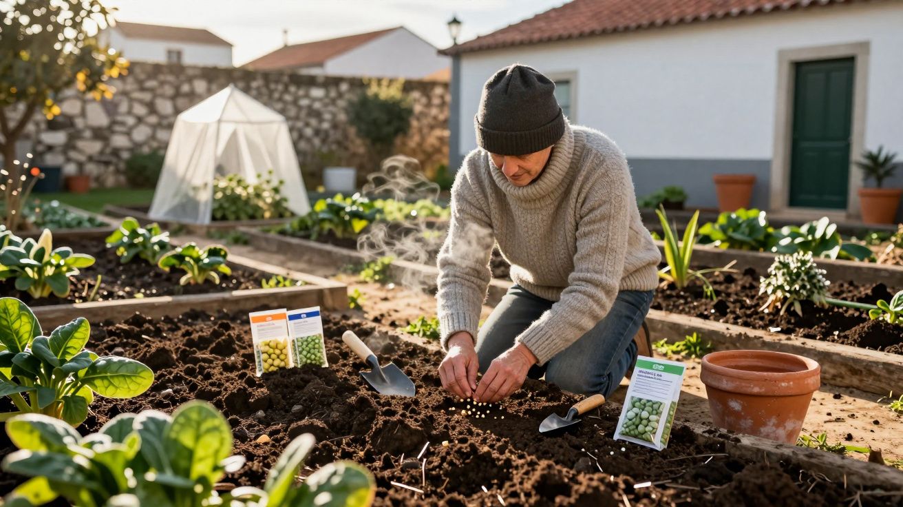 Homem a plantar sementes num jardim de hortícolas com vasos e ferramentas ao redor, num dia soalheiro.