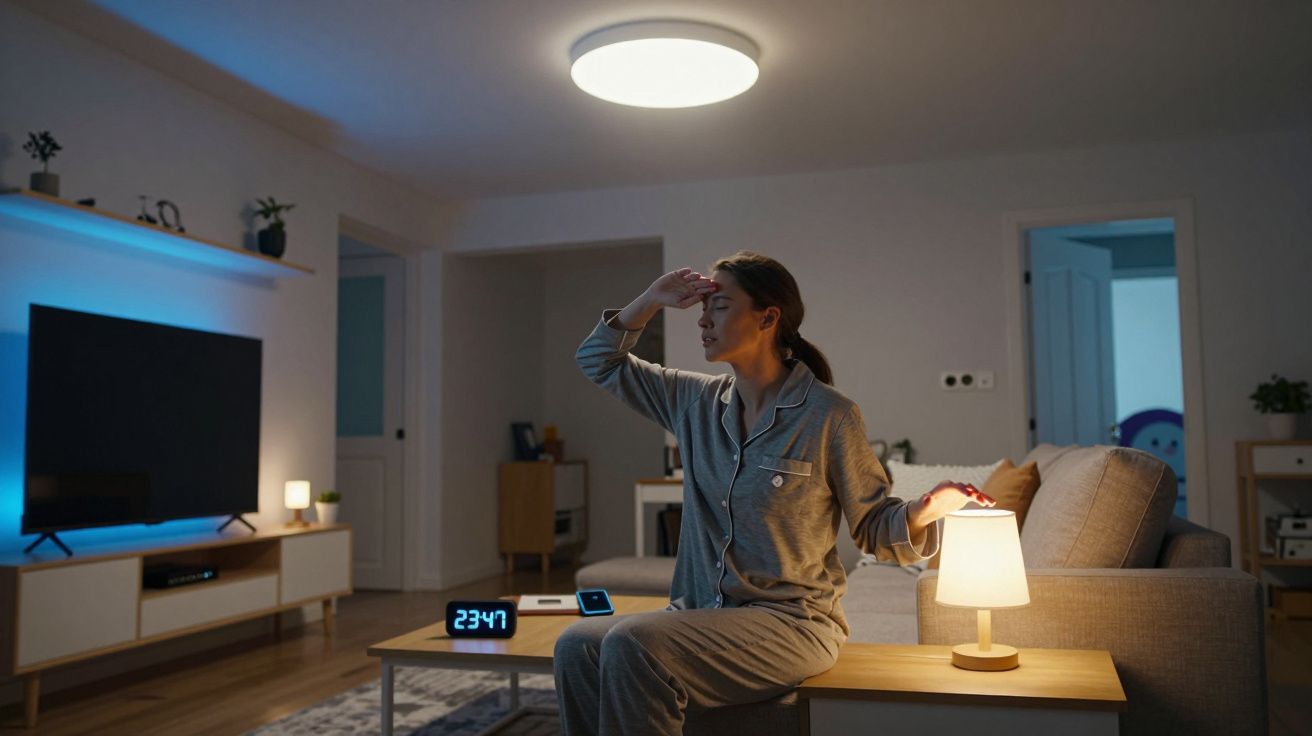 Mulher em pijama sentada no sofá à noite com expressão cansada e relógio digital marcando 23:47.