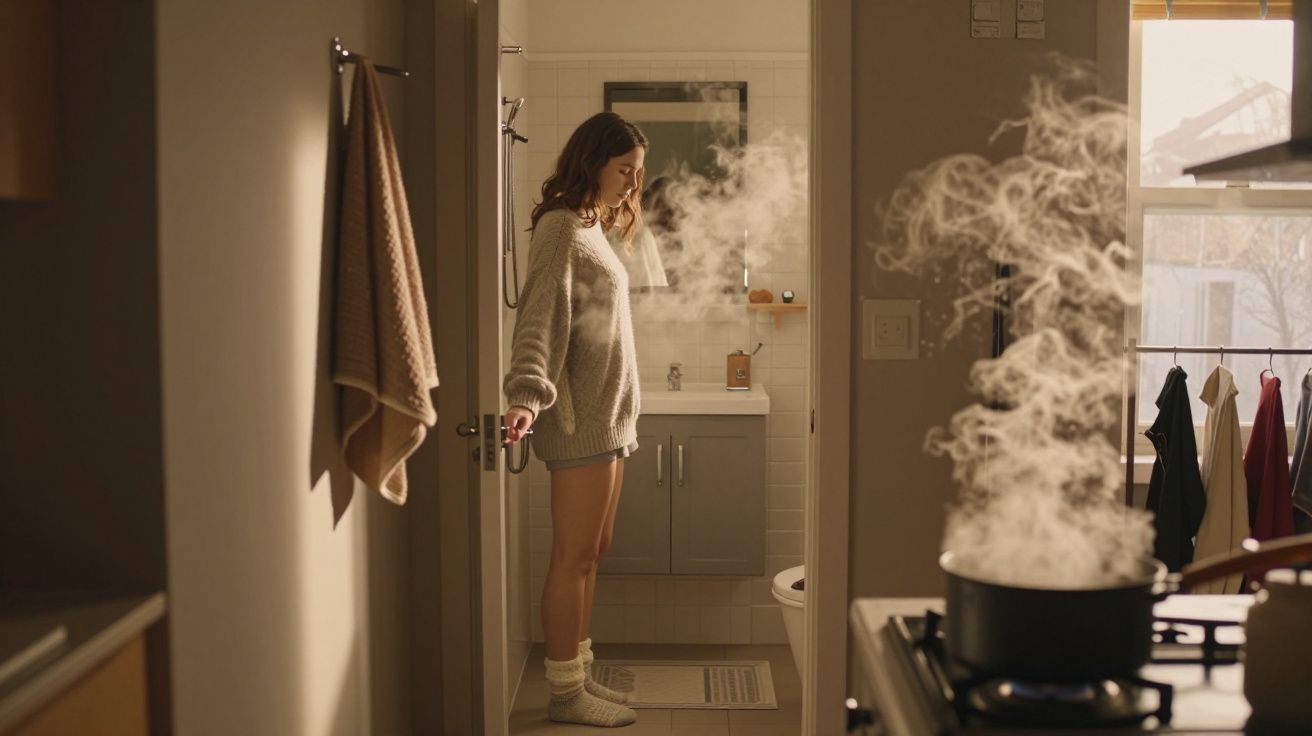 Mulher de camisola está na porta da casa de banho, enquanto uma panela liberta vapor na cozinha iluminada.