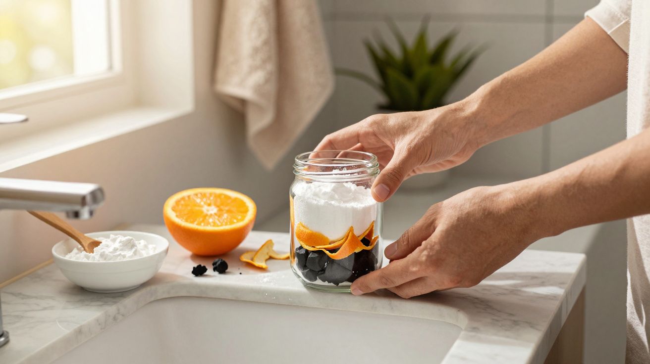 Mãos a preparar desodorizador caseiro com bicarbonato, casca de laranja e carvão num frasco de vidro.