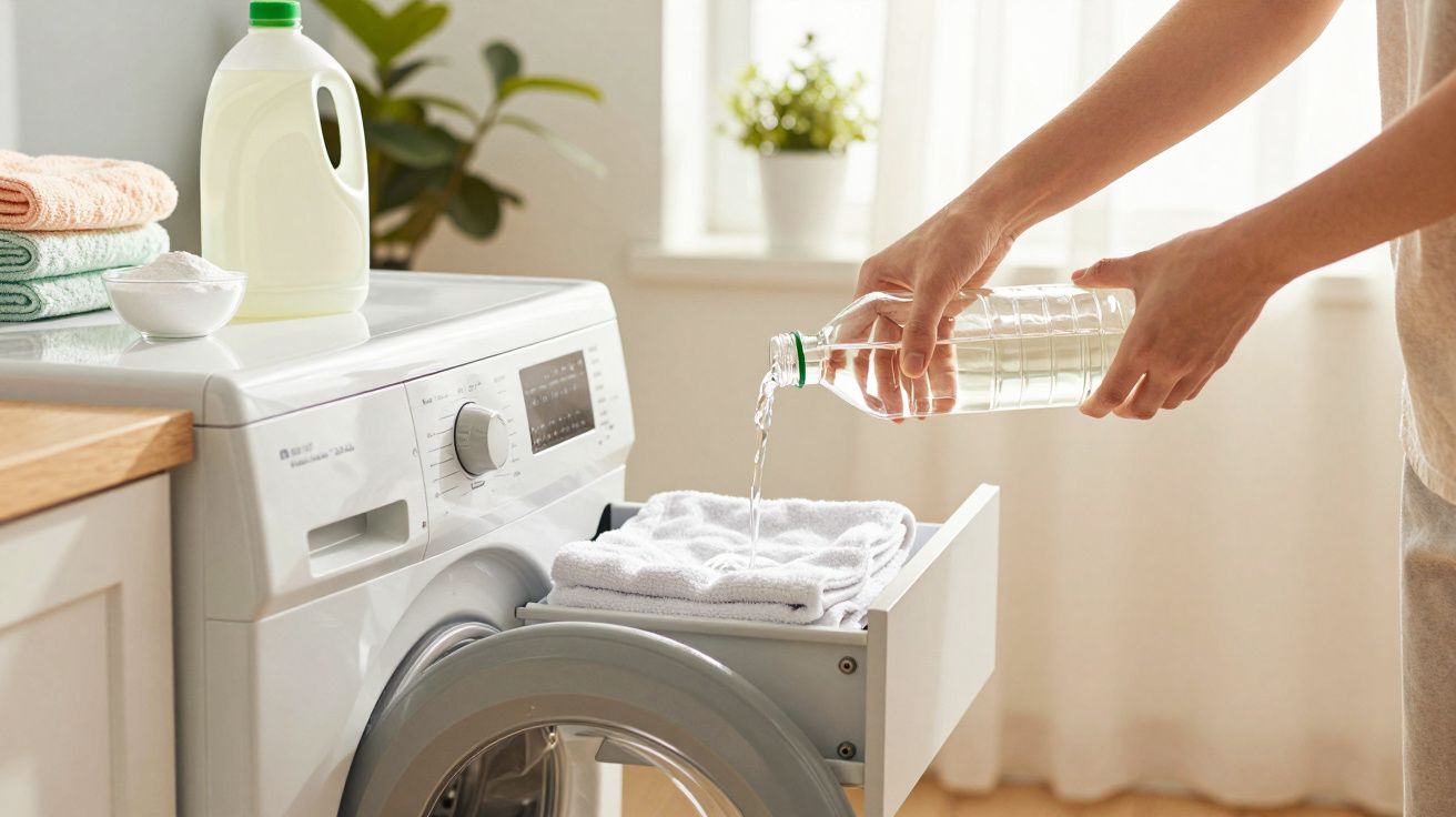 Pessoa a despejar vinagre branco numa gaveta de máquina de lavar roupa branca em quarto luminoso.