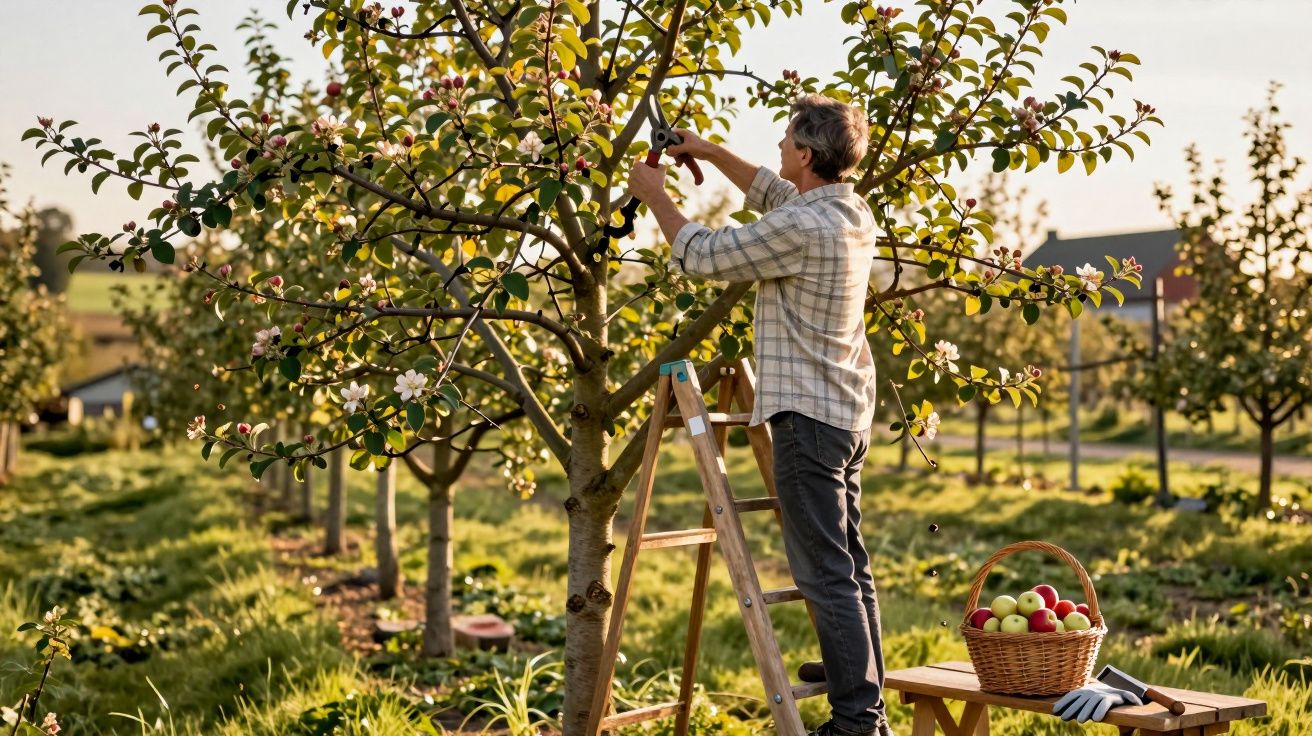 Homem a podar uma macieira florida numa pomar ao pôr do sol com cesta de maçãs ao lado.