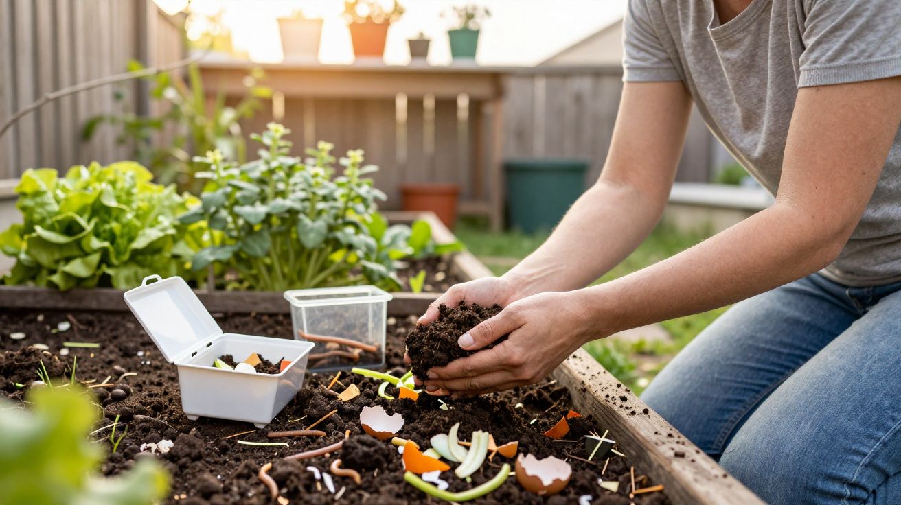 Pessoa a preparar compostagem doméstica numa horta urbana com restos de comida e terra.