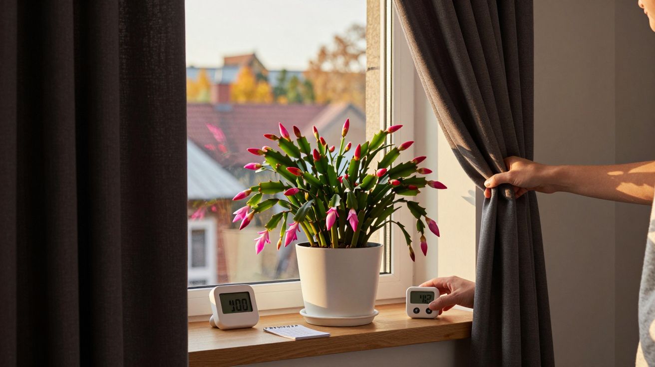 Vaso com planta florida na janela, despertadores digitais e mão a abrir a cortina cinza.