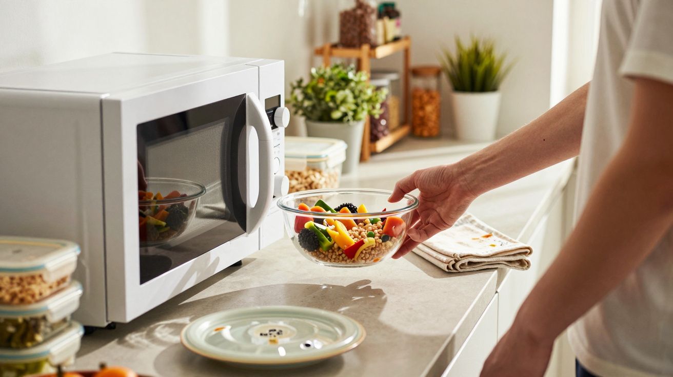 Pessoa a colocar tigela com legumes no micro-ondas numa cozinha clara com plantas no fundo.