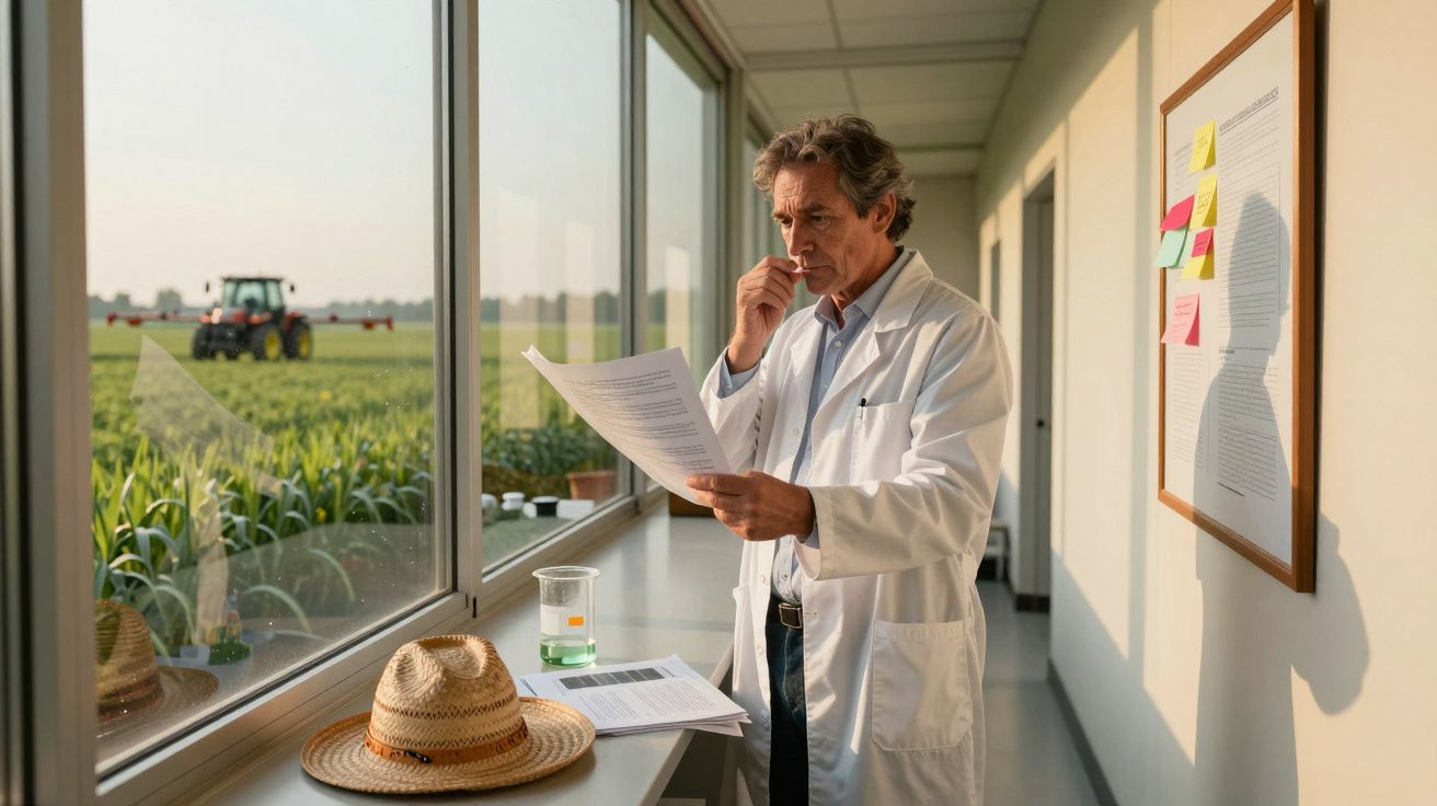 Cientista em bata branca analisa documentos junto a uma janela com vista para campo agrícola e trator.