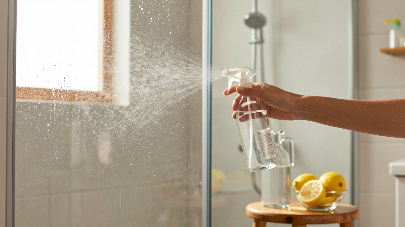 Pessoa a pulverizar produto de limpeza numa porta de vidro de duche numa casa de banho iluminada.