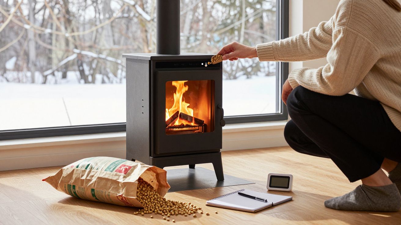 Pessoa a alimentar uma salamandra a pellet junto a uma janela, com saco de pellets e bloco de notas no chão.