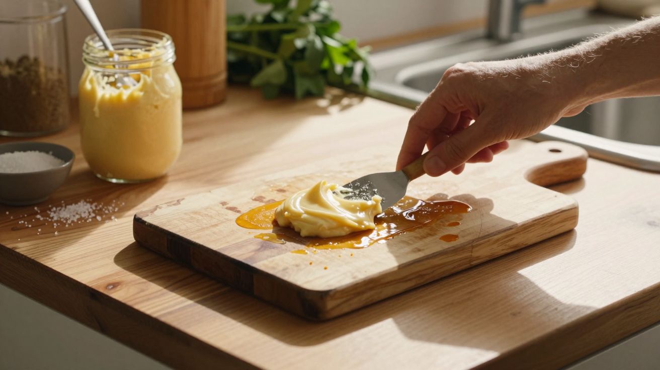 Mão a espalhar manteiga ou creme amarelo sobre tábua de madeira com mel em bancada de cozinha.