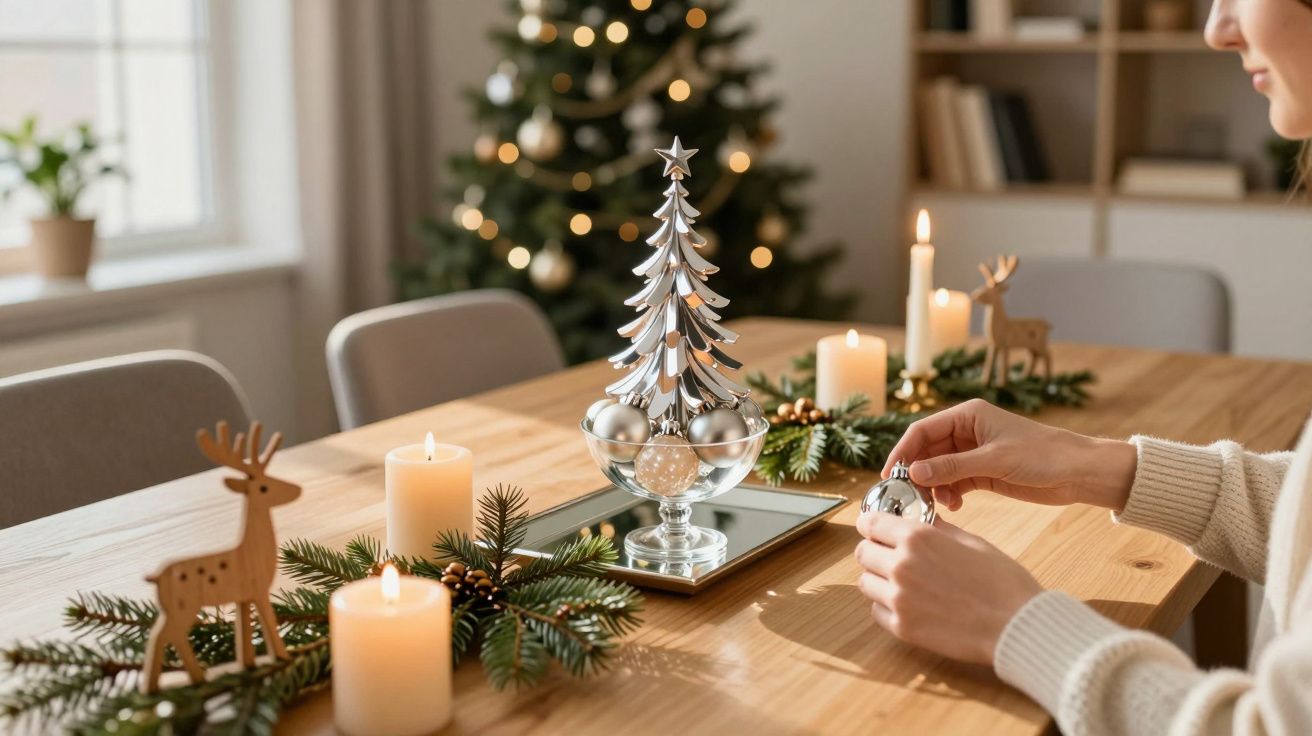 Mãos femininas a preparar decoração natalícia com velas, pinheiro e rena numa mesa de madeira.