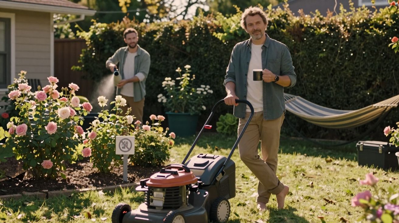 Dois homens cuidam do jardim, um com um corta-relva e outro a regar flores de rosa.