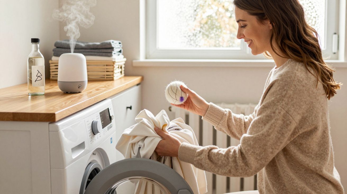 Mulher sorridente a colocar bola de secar roupa na máquina de lavar numa lavandaria doméstica iluminada.