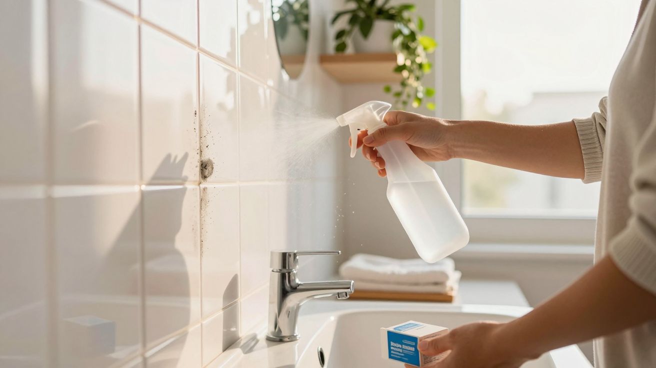 Pessoa a vaporizar spray de limpeza numa parede com mofo perto de uma torneira num lavatório.