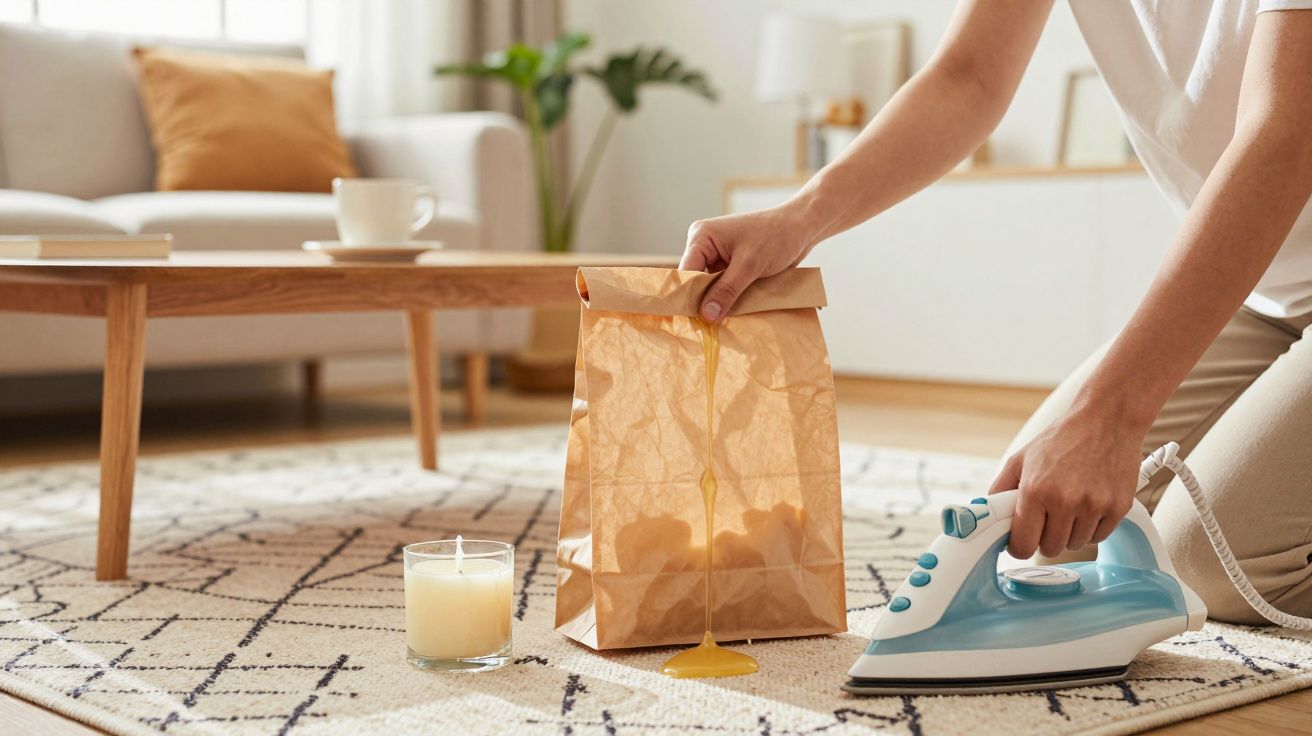 Pessoa a tentar remover cera derretida do tapete com ferro de engomar e saco de papel num ambiente doméstico.