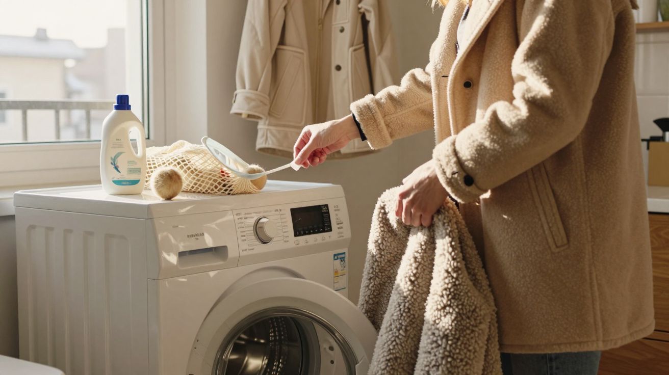 Pessoa a colocar roupa suja numa máquina de lavar roupa branca num espaço iluminado natural.