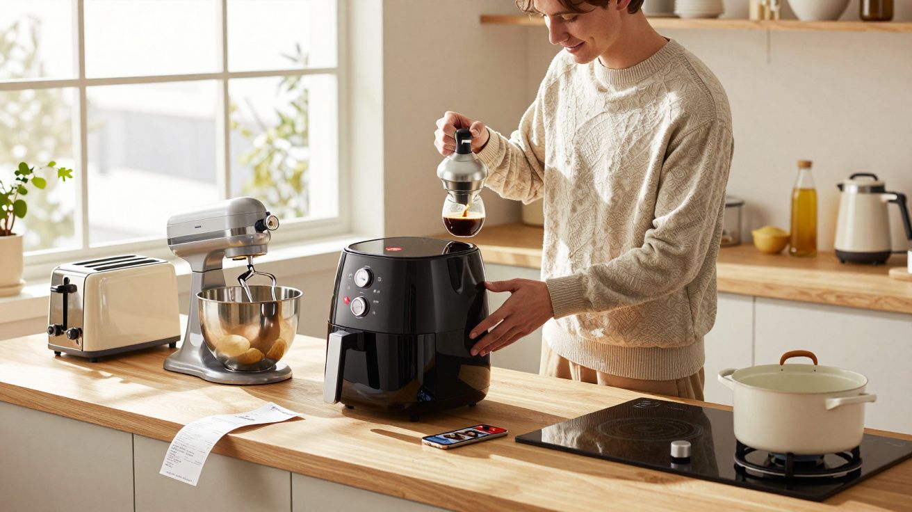 Pessoa a usar uma fritadeira de ar preta numa cozinha moderna com equipamentos de cozinha no balcão.