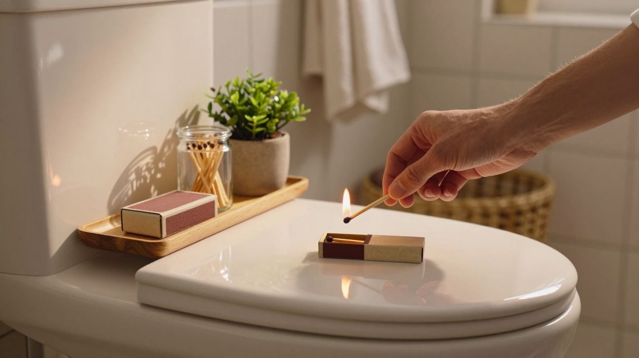 Mão acendendo um fósforo em cima da tampa de uma sanita branca num casa de banho.