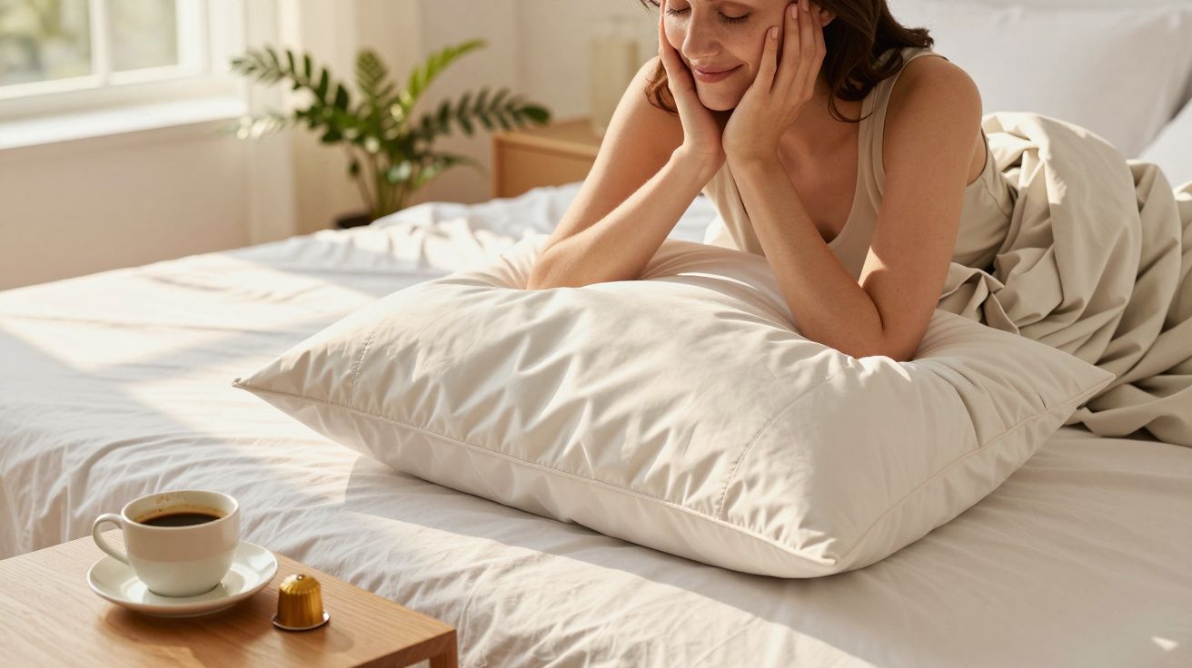 Mulher sorridente deitada na cama a olhar para uma chávena de café numa mesa junto à janela.