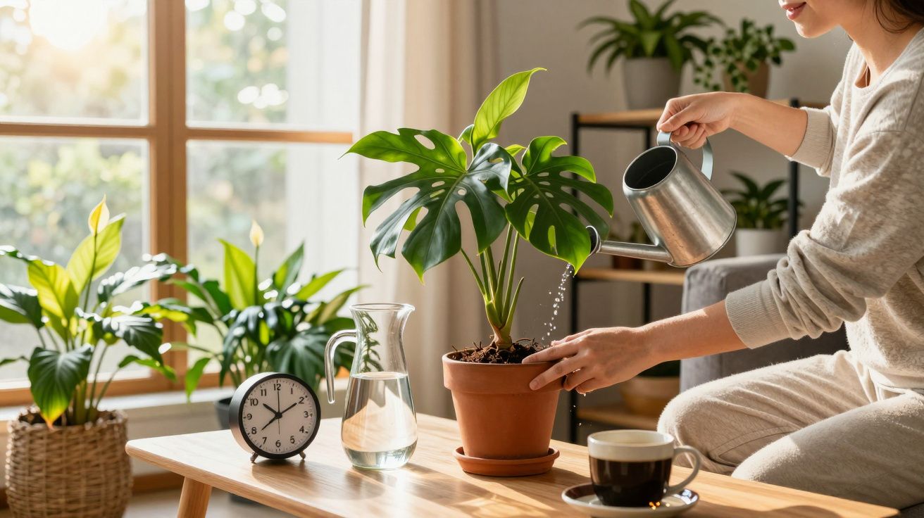 Pessoa a regar planta num vaso de barro numa sala iluminada com relógio e chávena na mesa.
