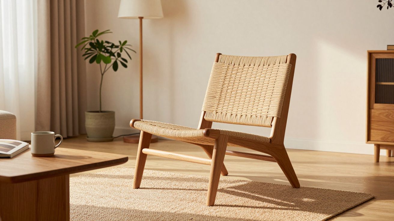 Cadeira de madeira com assento e encosto em corda, tapete de fibras naturais, planta e mobília em sala iluminada.