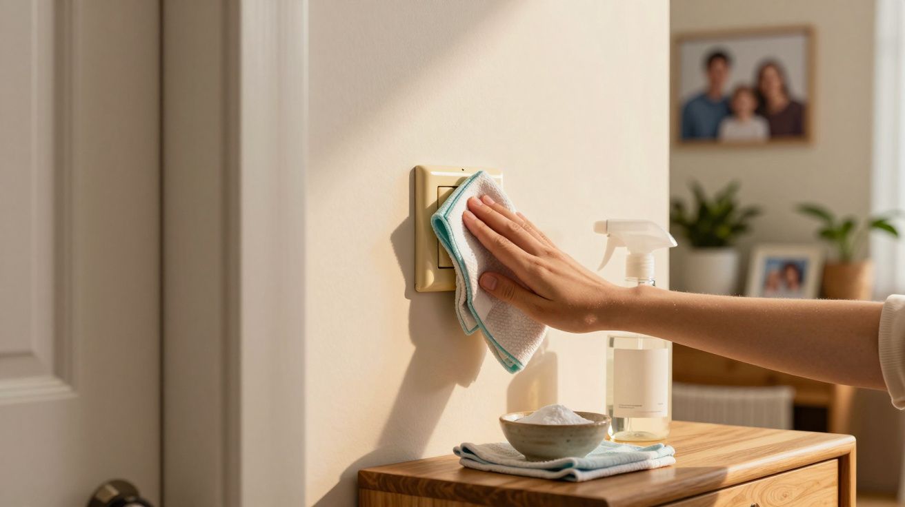 Mão a limpar interruptor de luz com pano, spray e tigela com pó sobre móvel de madeira.