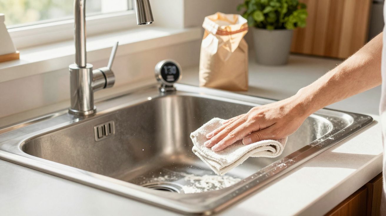 Pessoa a limpar pia de cozinha em aço inox com pano branco e produto de limpeza em ambiente luminoso.