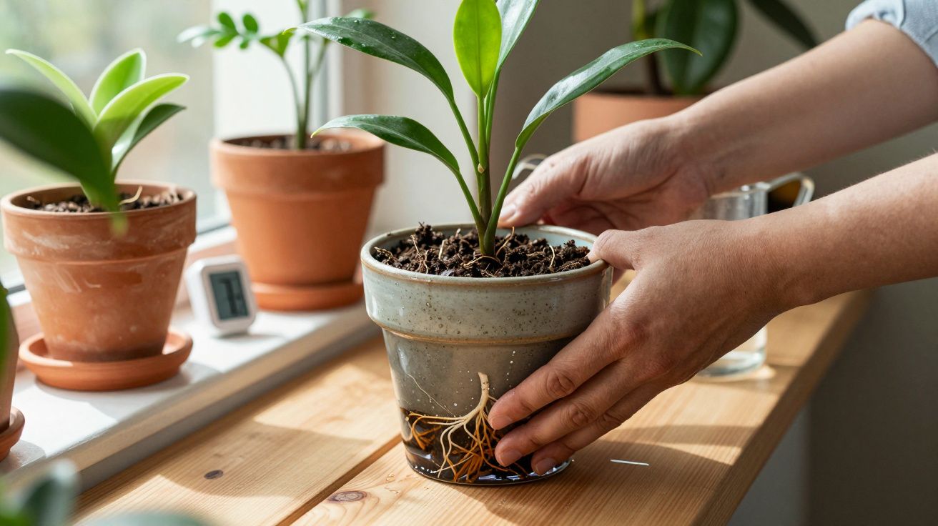 Pessoa a segurar vaso com planta jovem, com ilustração das raízes, sobre mesa de madeira junto à janela.