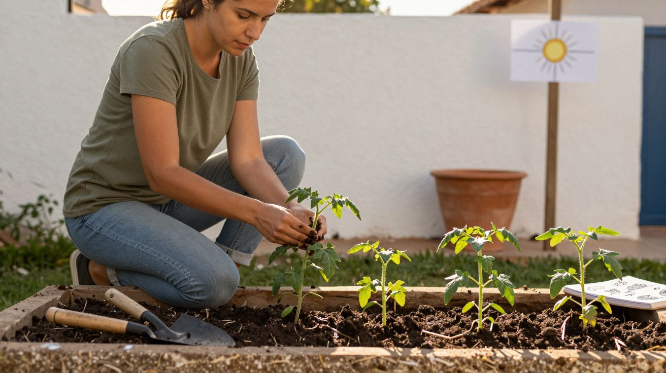 Mulher a plantar mudas num canteiro de madeira num jardim, com ferramentas de jardinagem ao lado.