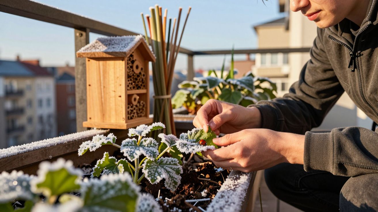 Pessoa a cuidar de plantas com folhas cobertas de geada numa varanda ensolarada.