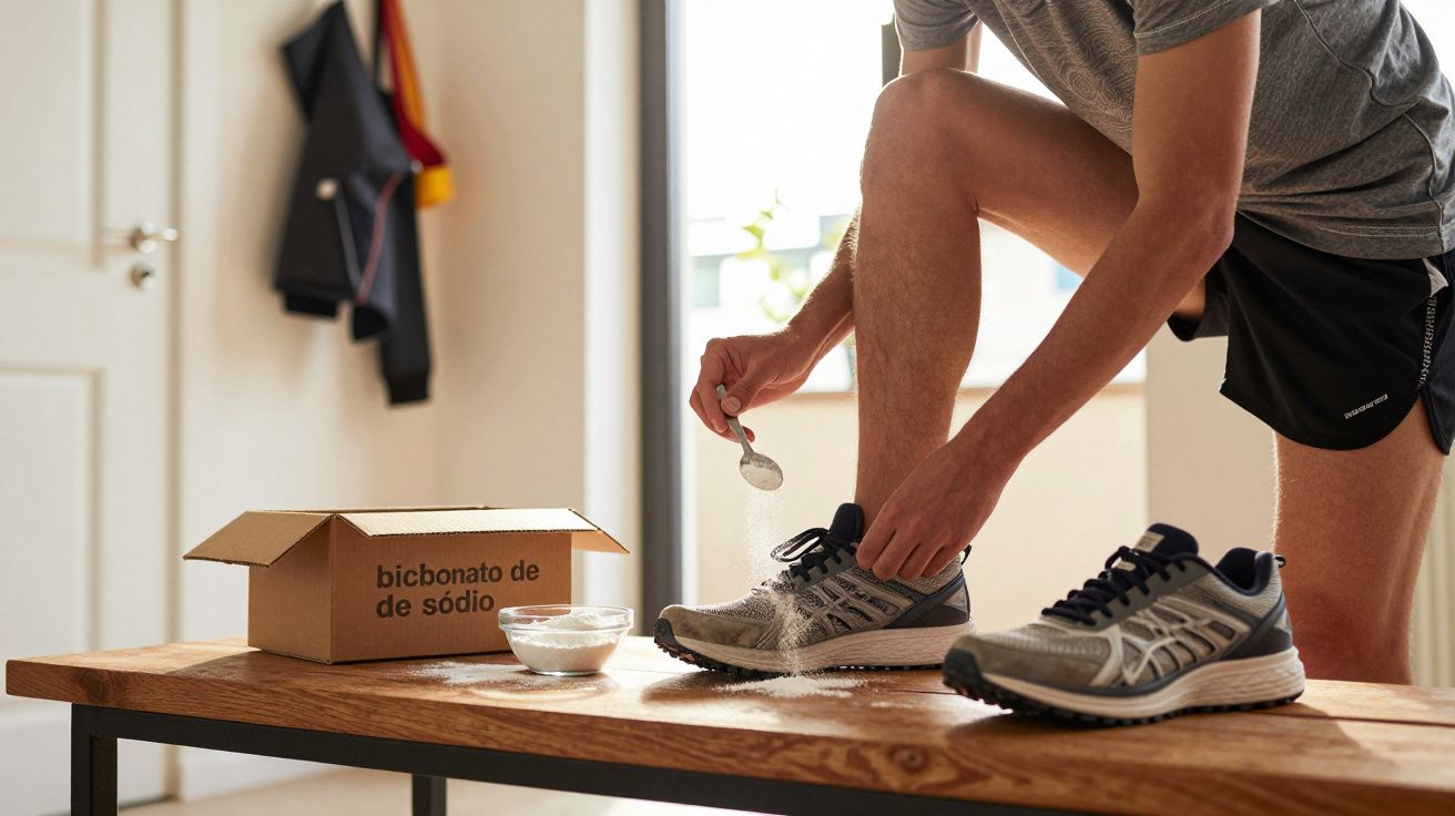 Pessoa a polvilhar bicarbonato de sódio num ténis cinzento sobre uma mesa de madeira.