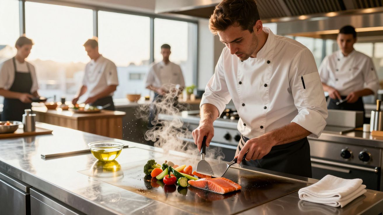 Chef a cozinhar salmão e legumes numa cozinha profissional com outros chefs ao fundo.