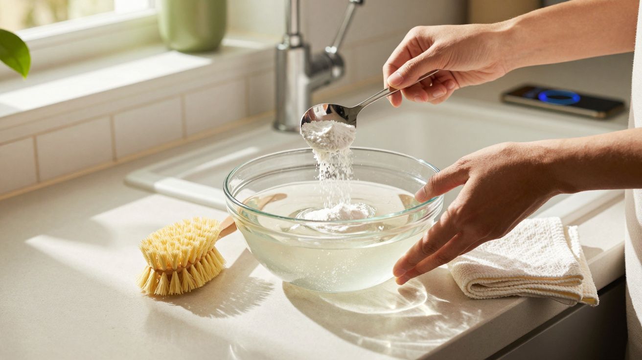 Mãos a adicionar bicarbonato de sódio numa tigela de vidro com água numa cozinha iluminada.