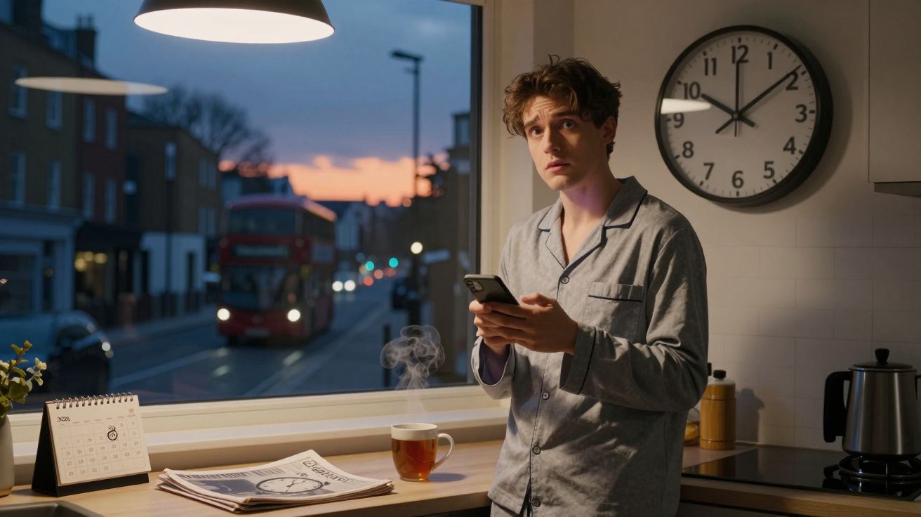 Homem de pijama com telemóvel na cozinha ao entardecer, com chá a fumegar e relógio a mostrar 18h45.