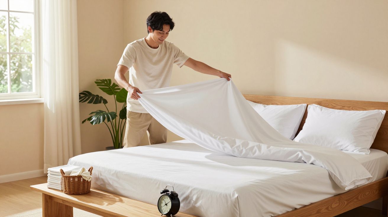 Homem a arrumar uma cama com lençóis brancos numa quarto iluminado e decorado de forma simples.
