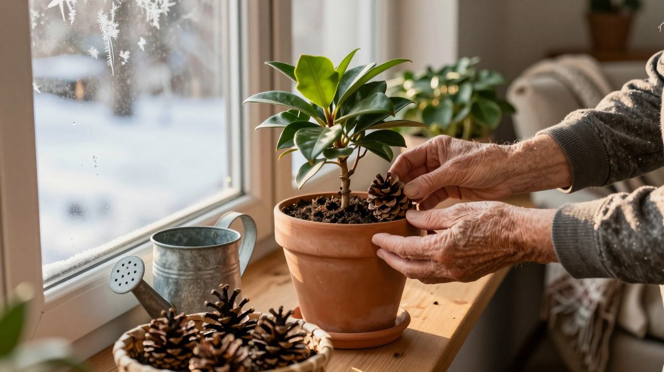 Mãos de idoso decoram vaso de planta com pinha numa janela com neve e regador metálico.