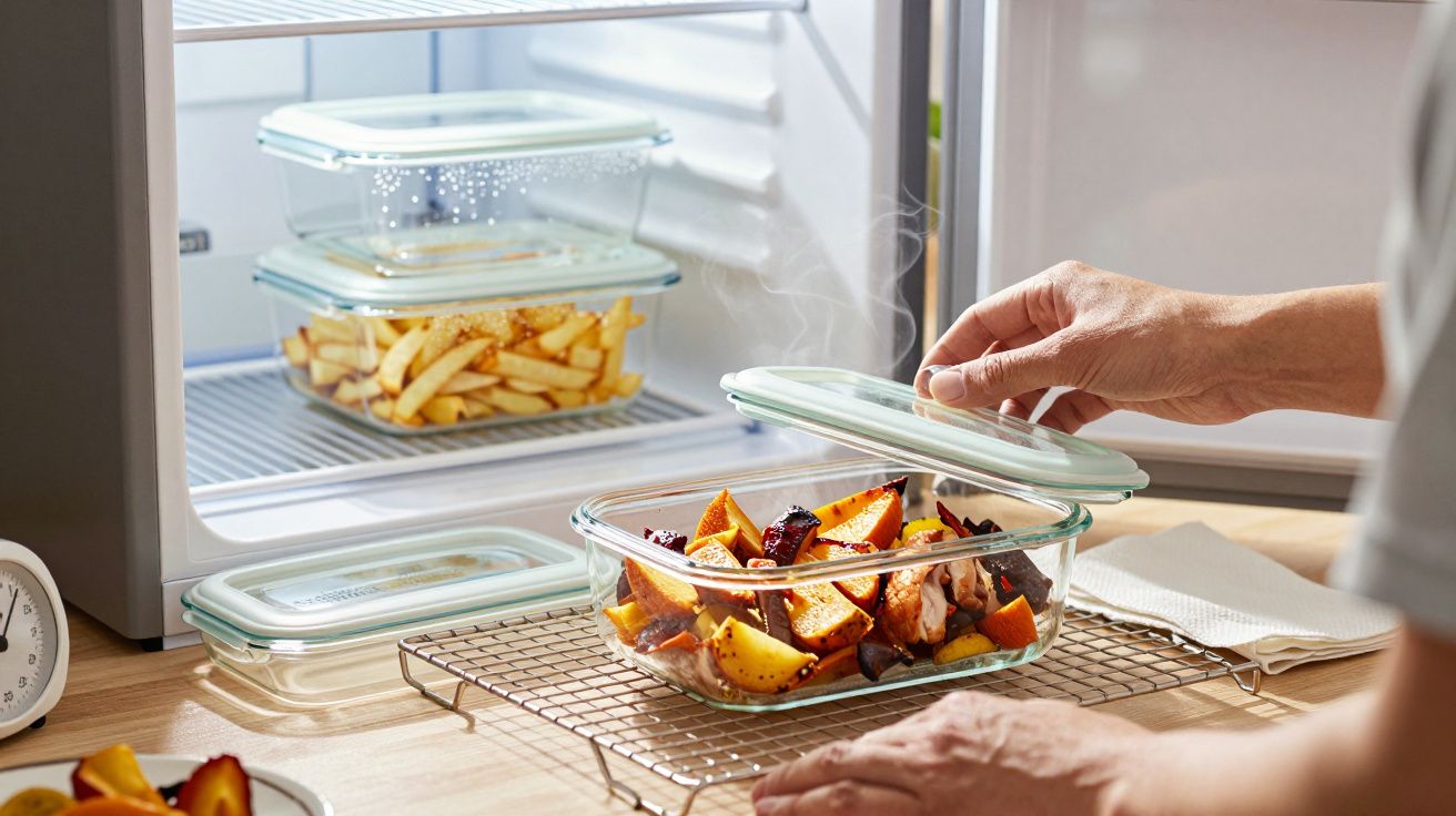 Mãos a retirar tampa de recipiente com legumes quentes em bancada próxima a frigorífico aberto com restantes alimentos.