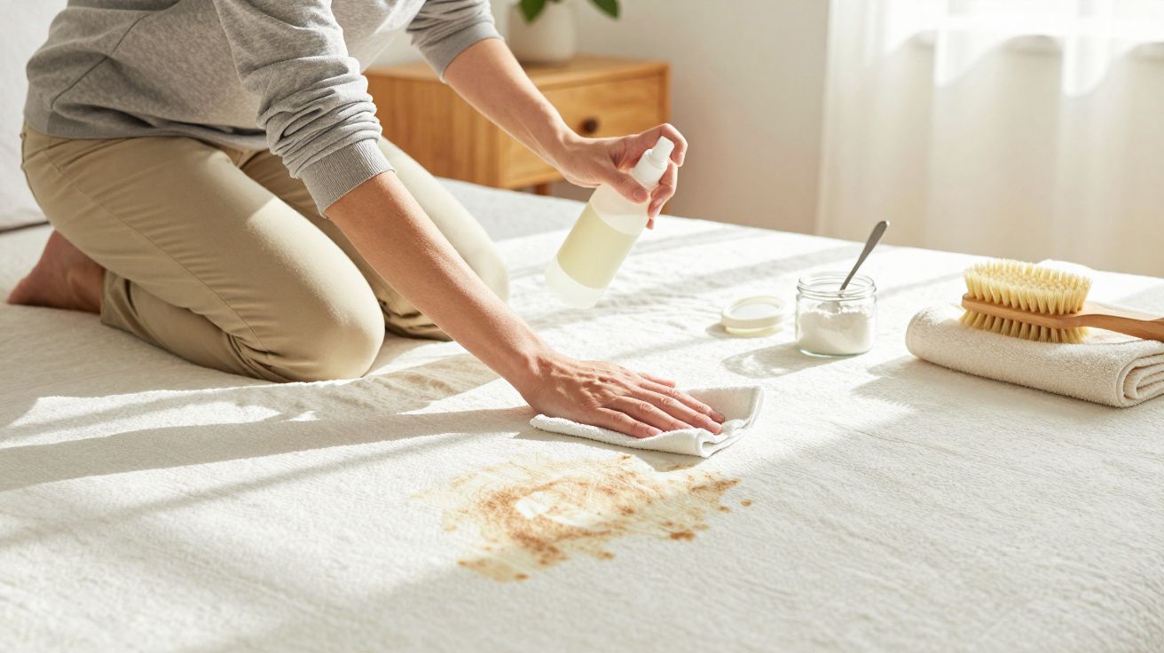 Pessoa a limpar nódoa castanha em colchão branco com pano e spray, ao lado de escova e toalha.