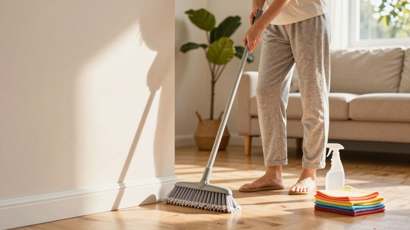 Pessoa a varrer o chão de madeira numa sala com sofá, planta e produtos de limpeza ao lado.