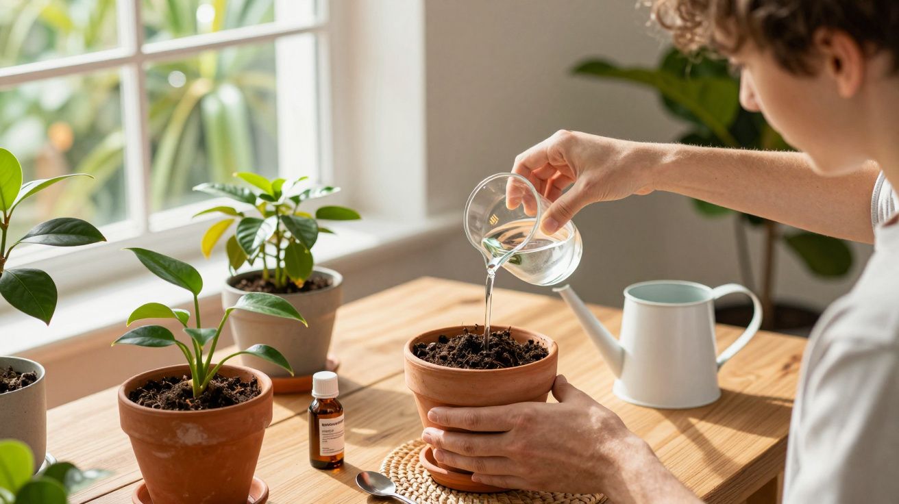 Pessoa a regar terra em vaso de planta numa mesa com várias plantas junto a janela.