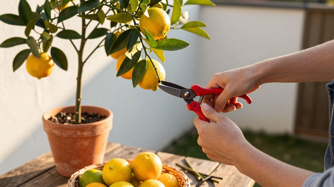 Pessoa a colher limões de um limoeiro em vaso com tesoura de poda, sobre uma mesa de madeira.